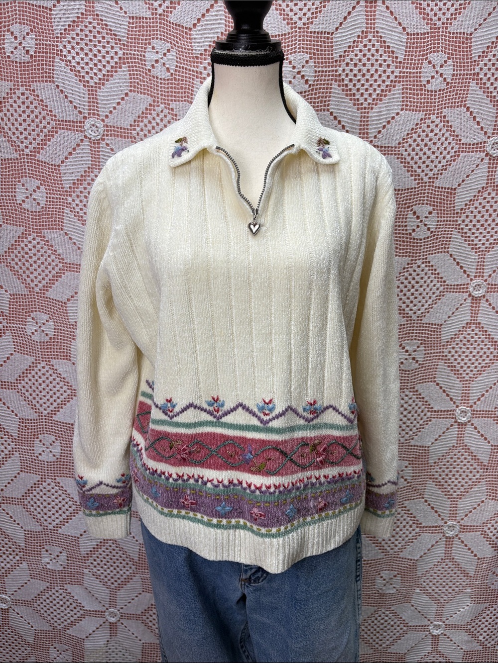 Alfred Dunner Embroidered Quarter-Zip Sweater – M